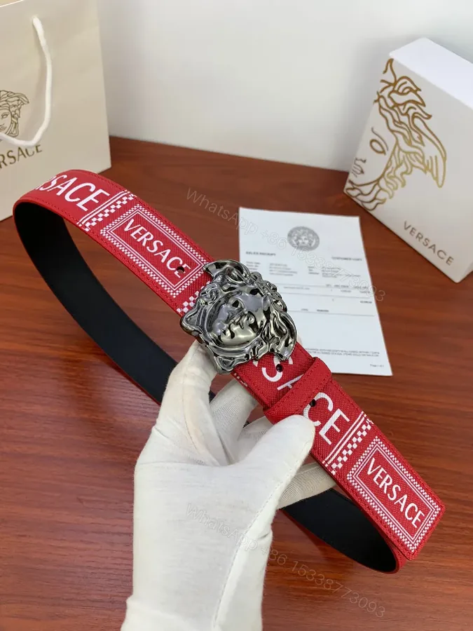 View 1 of Bold Red Belt with Medusa Buckle — Street-Ready Luxury