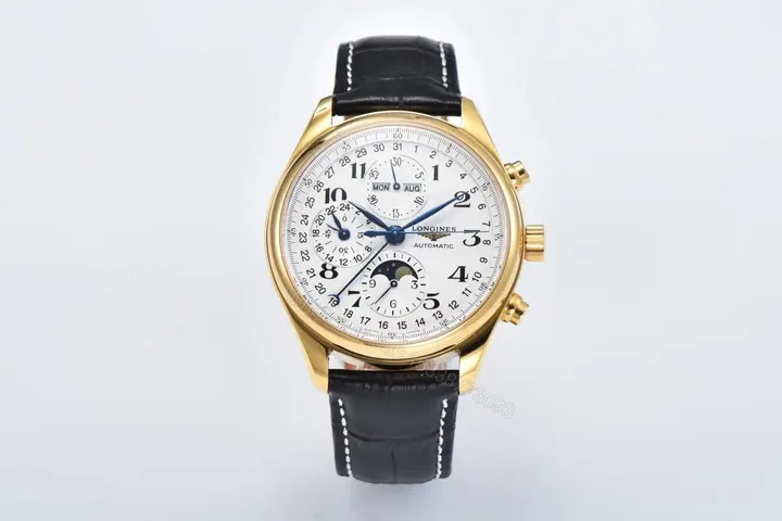 View 1 of Longines Master Collection Moon Phase Chronograph Watch Gold Case Black Leather Strap White Dial