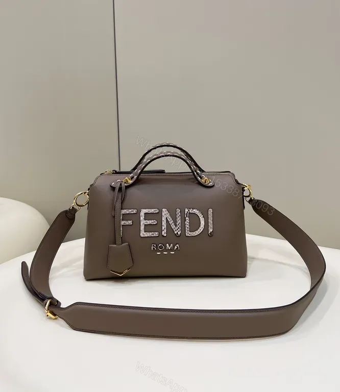 View 1 of Taupe Leather Fendi-Style Structured Handbag with Logo Detailing