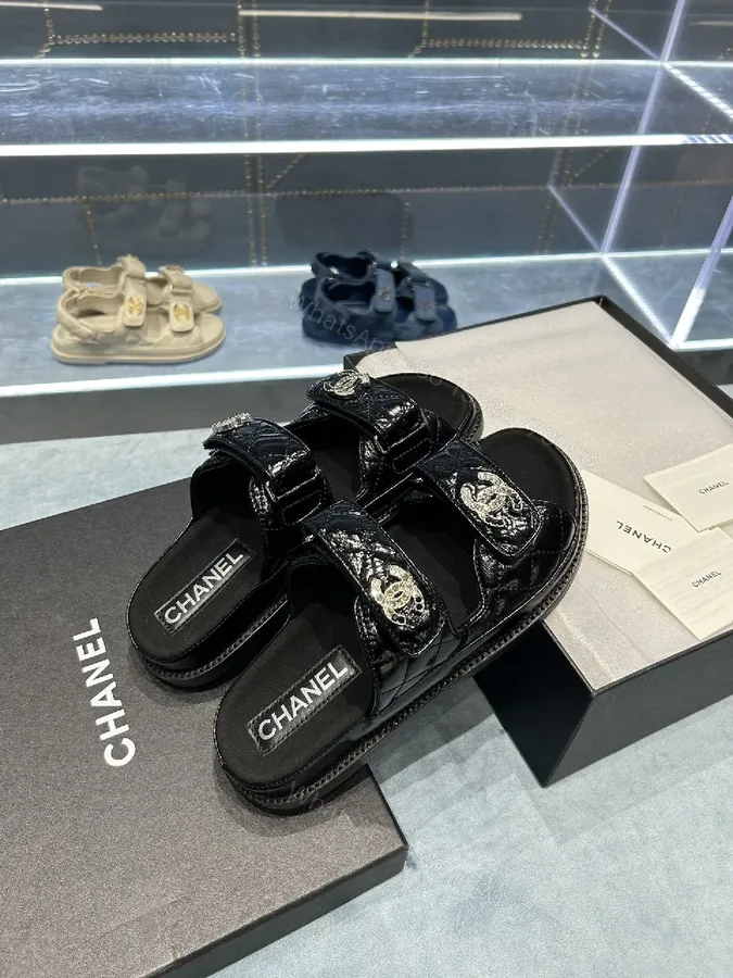 View 1 of Black Satin Logo-Embossed Sandals | Luxe Everyday Comfort