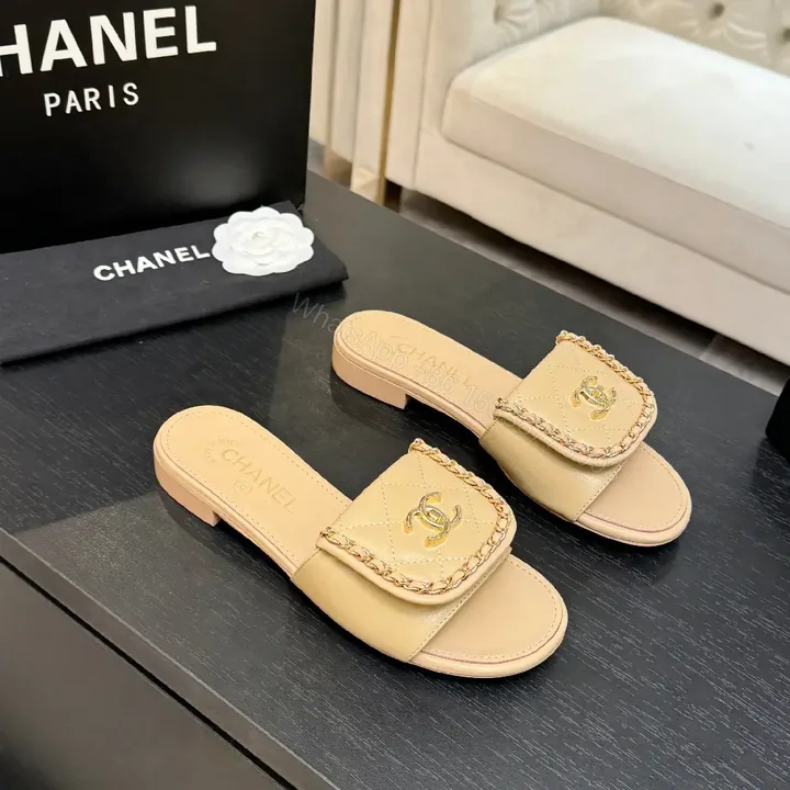 View 1 of Beige Quilted Leather Slide with Gold Crest, Luxe Casual