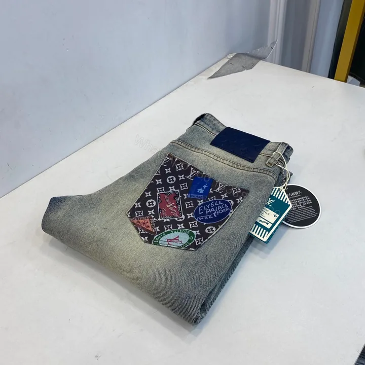 View 1 of LV 高仿印花口袋牛仔褲 復古水洗拼接潮褲