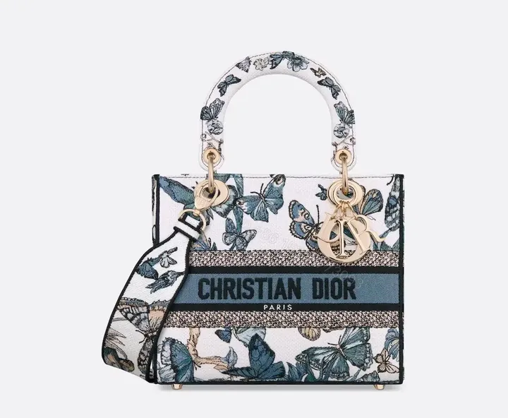 View 1 of Design MEDIUM LADY D-LITE BAG White and Pastel Midnight Blue Toile de Jouy Mexico Embroidery – Dubai Fashion LUX
