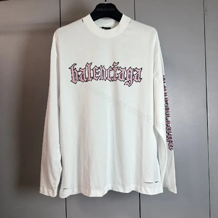 View 1 of White Cotton Blend Tee, Balenciaga-Inspired Graphic, Long Sleeve Tee