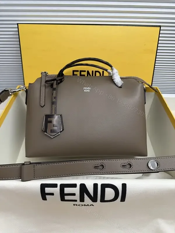 View 1 of Taupe-Gray Leather Handbag: Structured, Fendi Roma Logo Details