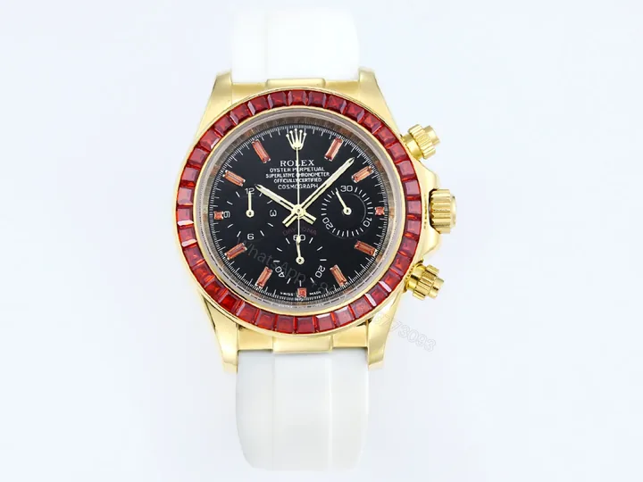 View 1 of Rolex Daytona Ruby Replica 43MM Exclusive Gold Case White Rubber Strap Edition RG-ROLEX-DAYTONA-RUBY-43