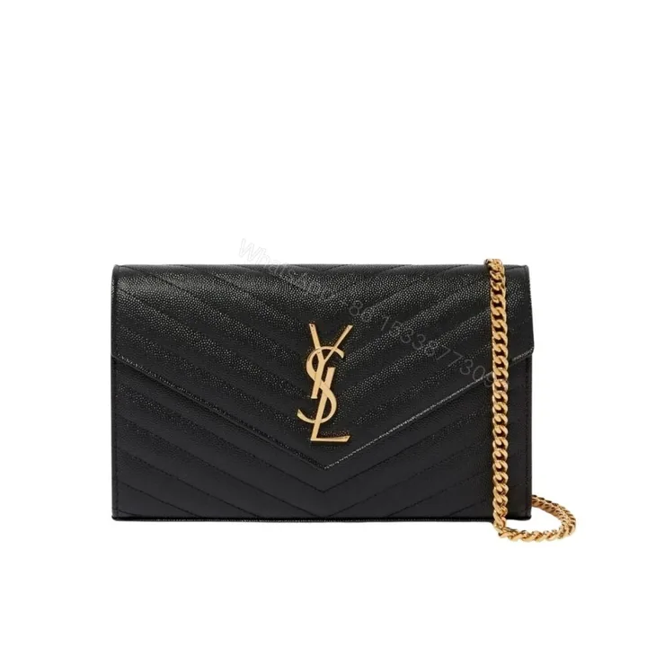 View 1 of Saint Laurent Cassandre Matelassé Chain Wallet In Grain De Poudre Embossed Black Gold 22Cm