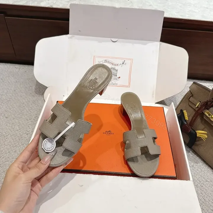 View 1 of Grey Leather Hermès-Style Sandals, H-Logo, Open-Toe Slides