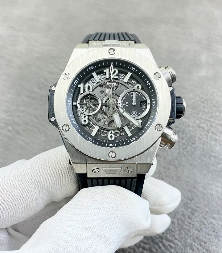 View 1 of Hublot Big Bang Skeleton Replica 44MM Premium Silver Case Black Rubber Strap Edition RG-HUBLOT-BB-SKEL-SLV-BLK-RUB-44