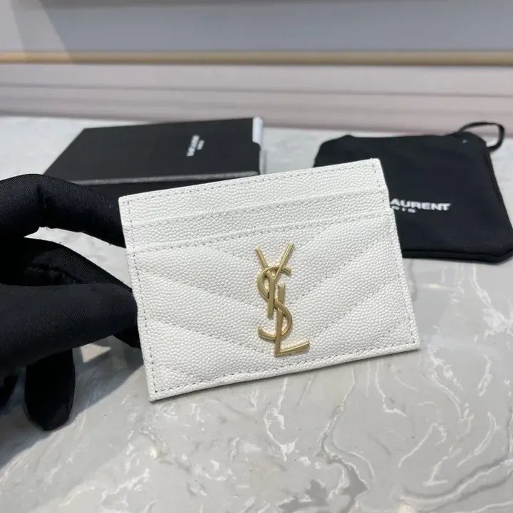 View 1 of White Textured Leather Cardholder with Gold YSL Emblem
