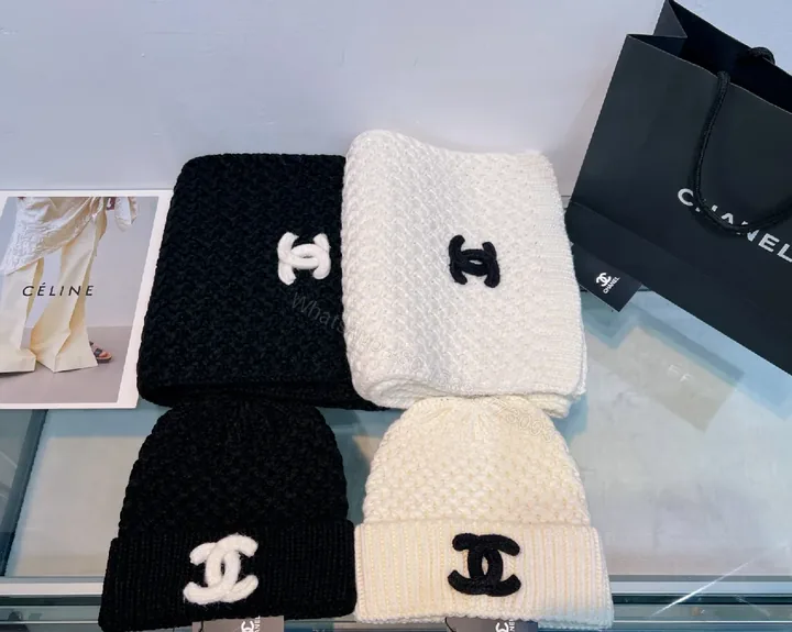View 1 of Black Ivory Knit Set: Luxe Scarf & Beanie with Logo Clasp