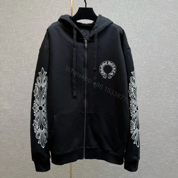 View 1 of Premium Black Zip Hoodie with Ornate Sleeve Embellishments