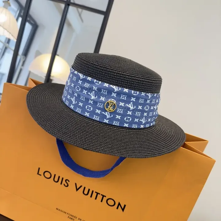 View 1 of Black Woven Hat with Blue Band and LV Charm | Wide Brim