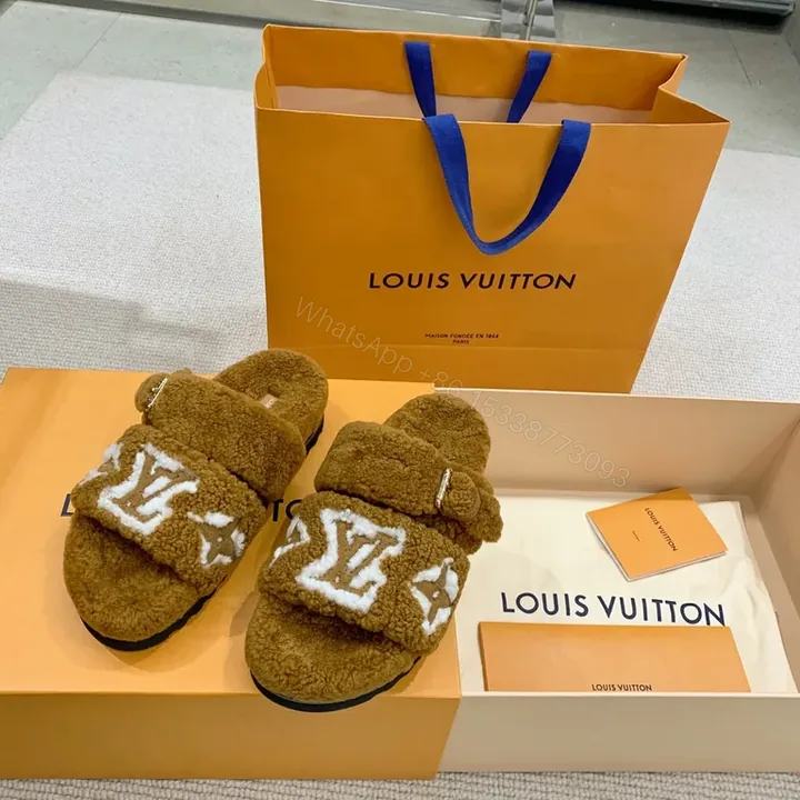 View 1 of Plush LV Monogram Fur Slides â€“ All-Day Luxury Comfort