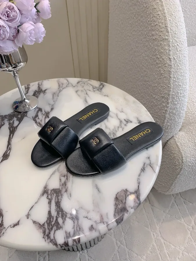 View 1 of Black Faux Leather Slide Sandals - Luxe Minimalist Comfort