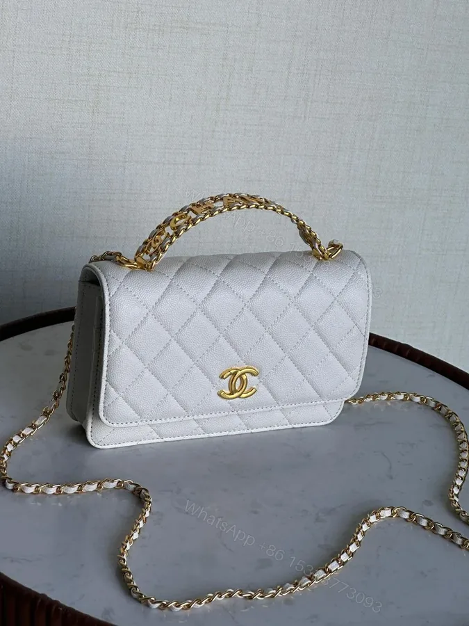 View 1 of Design Shiny Calfskin Quilted Top Handle Wallet on Chain WOC White – Dubai Fashion LUX