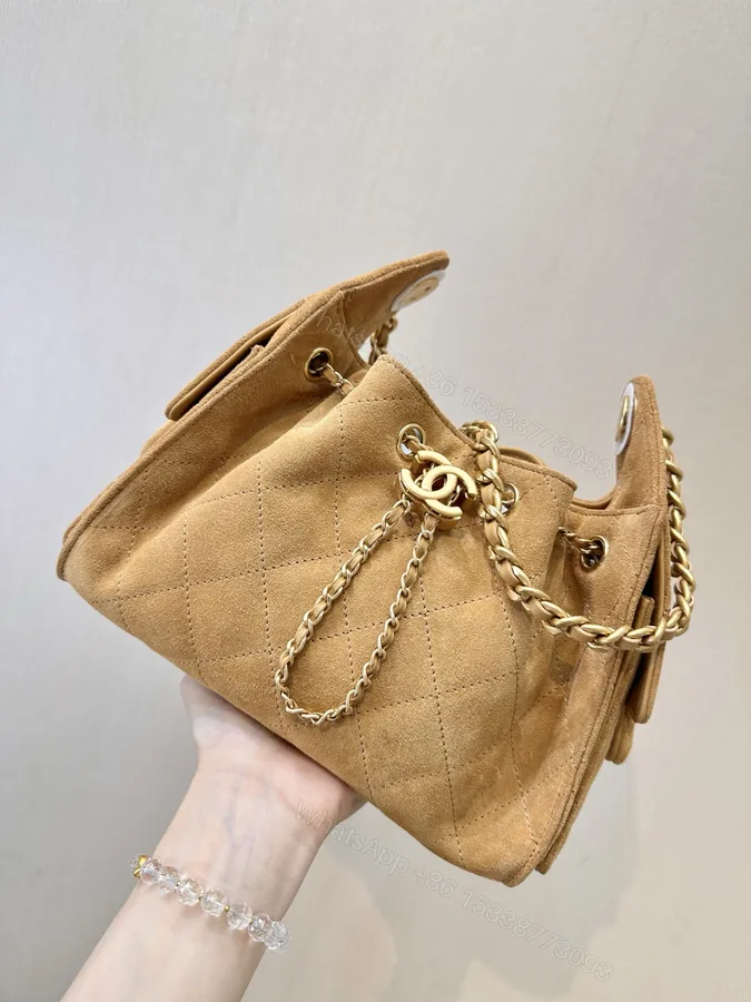 View 1 of CHANEL 高仿 女款絨面抽繩包 柔霧焦糖色 金鏈肩背款