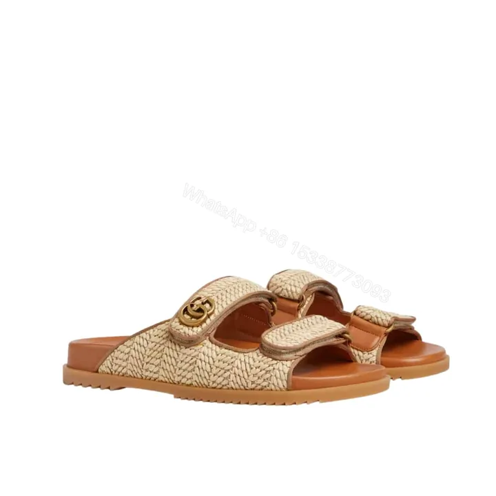 View 1 of GUCCI WOMEN SANDAL WITH DOUBLE G NATURAL RAFFIA BROWN