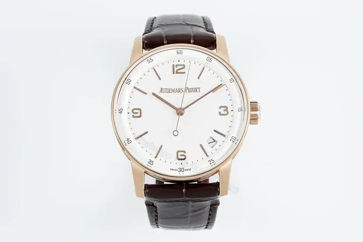 View 1 of 8F Factory Audemars Piguet CODE 11.59 Blue Dial Three-Hand Automatic Watch – Rose Gold Case, Brown Leather Strap