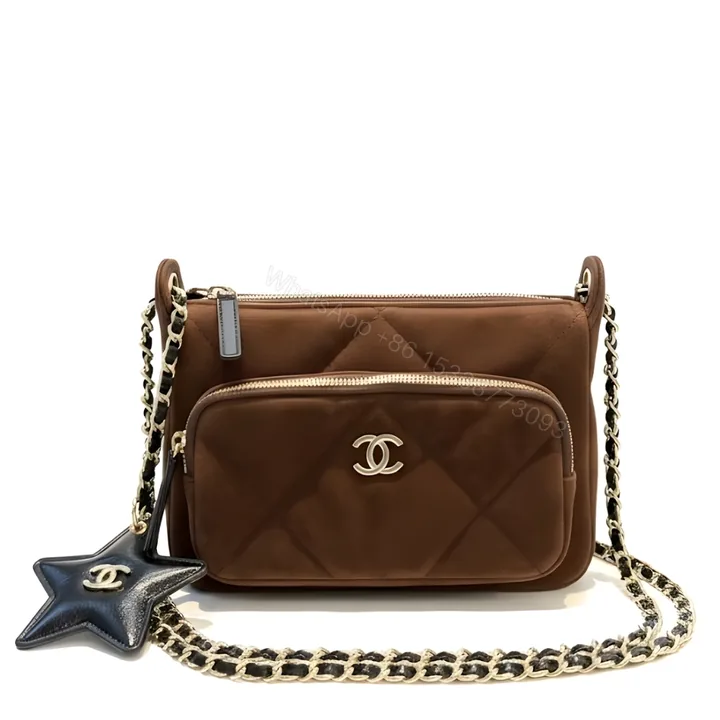 View 1 of Chanel Clutch With Strap Velvet Effect Nylon Glossy Wrinkled And Gold Metallic Brown 20Cm