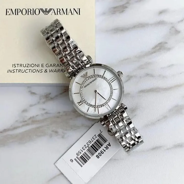 View 1 of First Copy Emporio Armani Silver White Dial Roman Marker Diamond Bezel Women’s Analog Watch