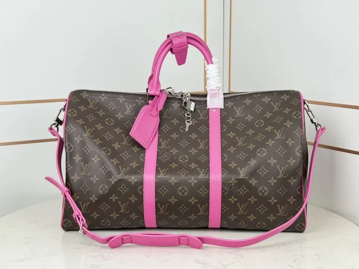 View 1 of Pink LV-Style Monogram Duffel: Luxe Crossbody-Ready Bag
