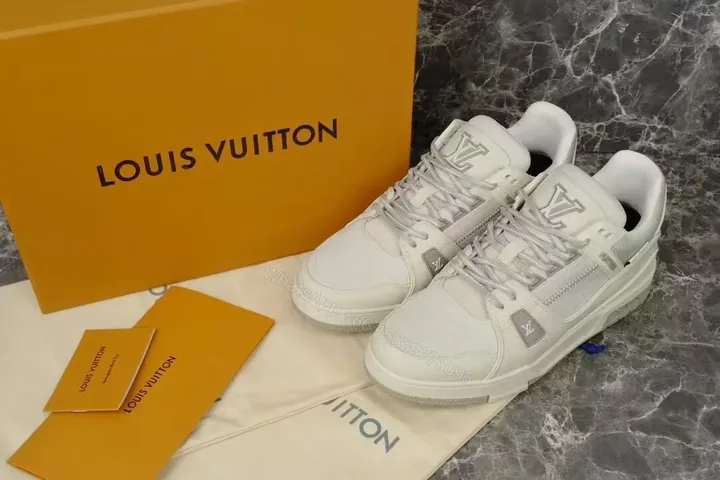 View 1 of White Leather-Trim Hiker Sneakers with Subtle Monogram Accents