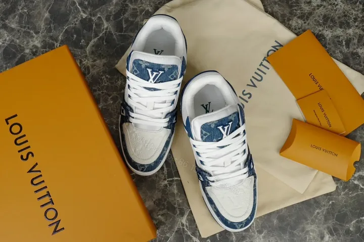 View 1 of Bold Denim-Leder LV-Influenced Sneakers: Elevated Comfort