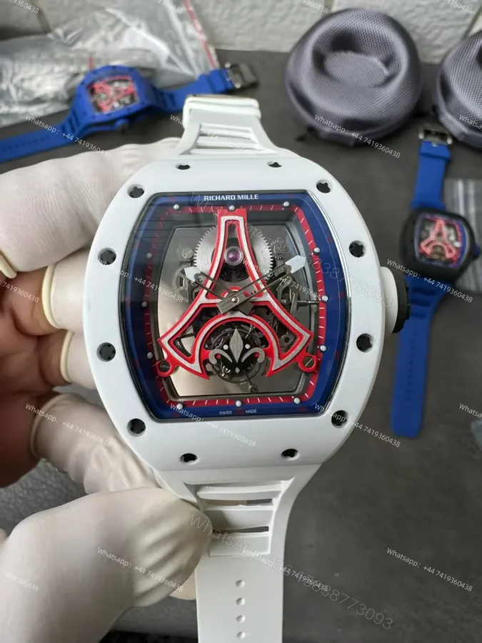View 1 of Super Clone Richard Mille RM52-03 White Ceramic Paris Saint-Germain Skeleton Tourbillon 1:1 Replica Watch