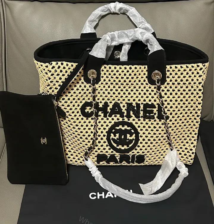 View 1 of Raffia Tote: Signature Logo, Leather Trim, Chic Carry