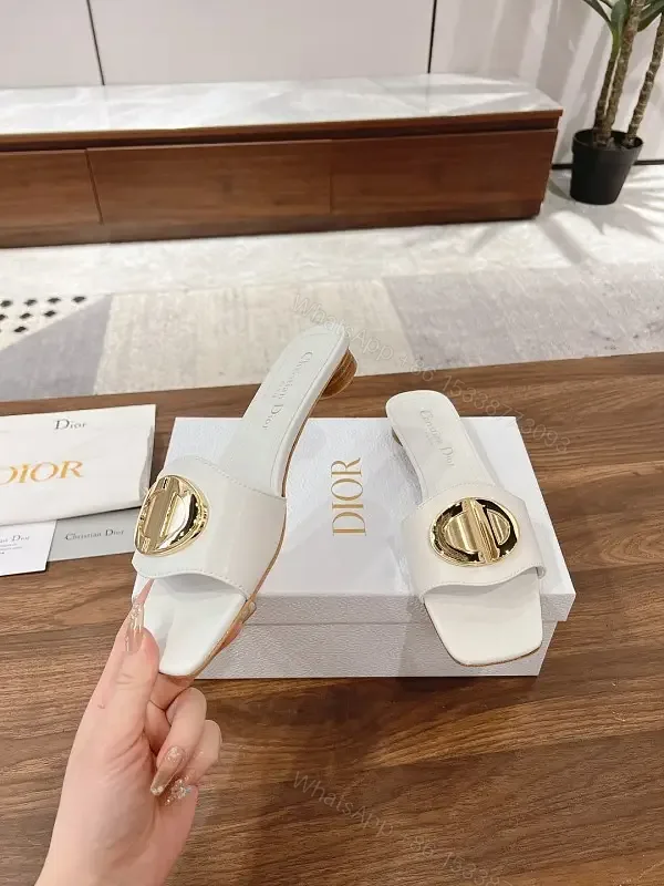 View 1 of White Leather Slide Sandals Gold Heart Buckle Dior Style Comfortable Sandals