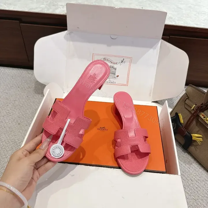 View 1 of Pink Pink Leather Hermès-Inspired Slide Sandals