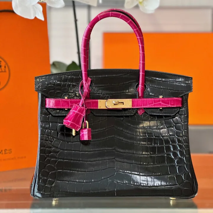 View 1 of Hermes Birkin 30 Black/Pink Genuine Crocodile Leather – Custom Made