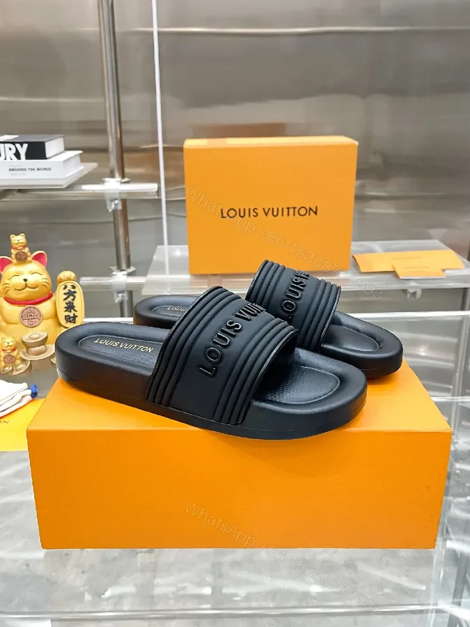 View 1 of Premium Black Slides with Striped Strap — Effortless Comfort