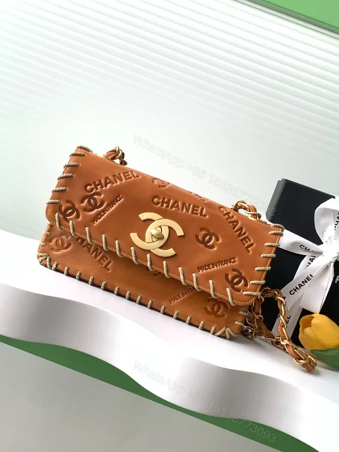 View 1 of Tan Leather Monogram Crossbody with Gold Hardware, Chic Compact Style