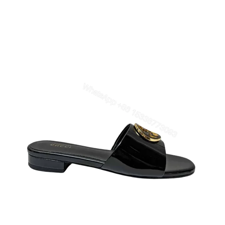 View 1 of GUCCI WOMEN ROUND INTERLOCKING G SANDAL IN BLACK