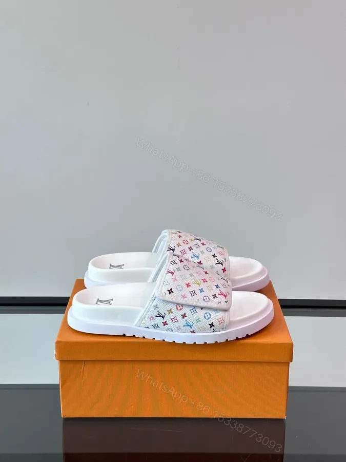 View 1 of LV Men White Patterned Leather Slides