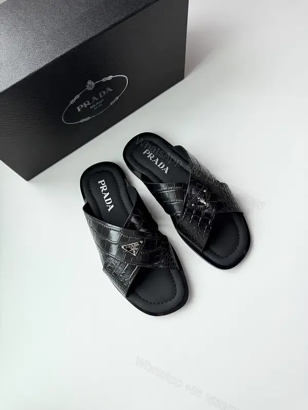 View 1 of Black Leather Quilted Prada Slides, Wide Strap, Luxury Sandals