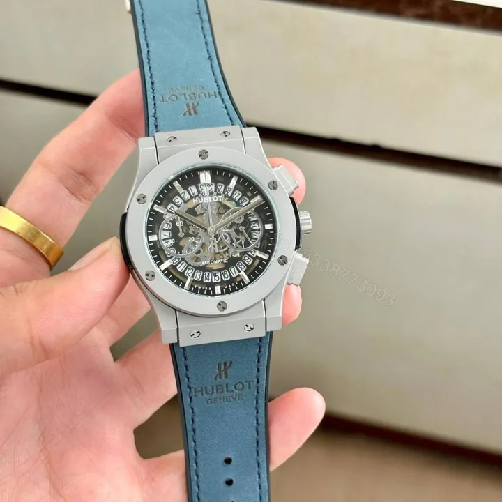 View 1 of First Copy Hublot Big Bang Skeleton Chronograph Automatic Watch With Blue Leather Strap And Premium Finish