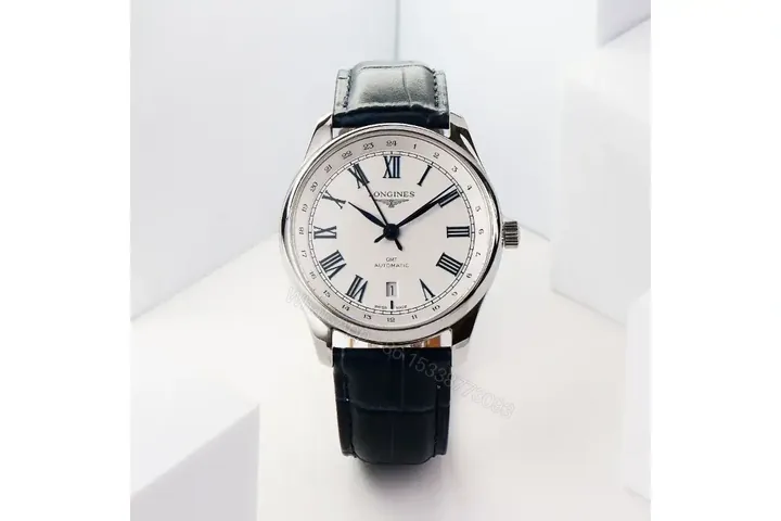 View 1 of Longines Master Collection GMT Watch White Dial with Blue Hands 40mm Stainless Steel Case Italian Grey Leather Strap