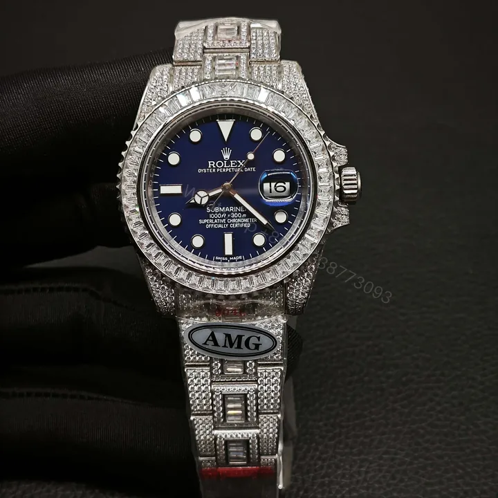 View 1 of Rolex Submariner Blue Dial Diamond Replica 40MM Exclusive Full Pavé Oyster Bracelet RG-ROLEX-SUB-BLUE-PAVE-40