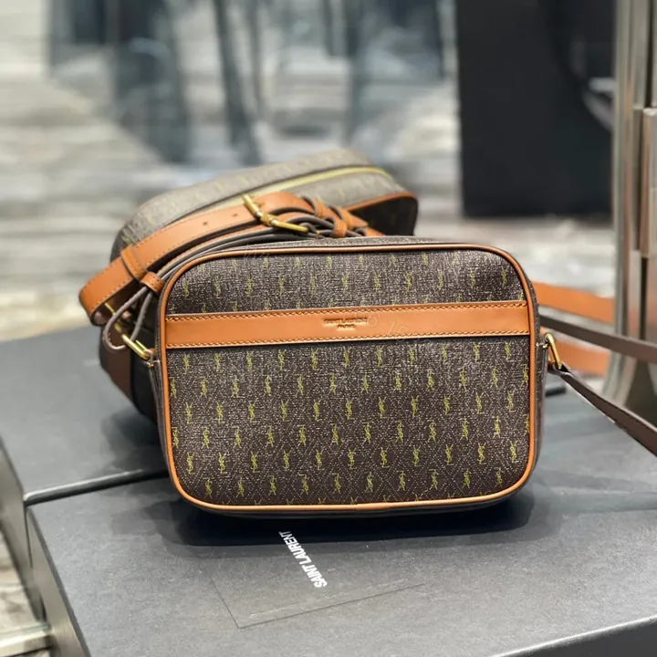 View 1 of Saint Laurent Canvas Smooth Calfskin Le Monogramme Camera Bag Chestnut