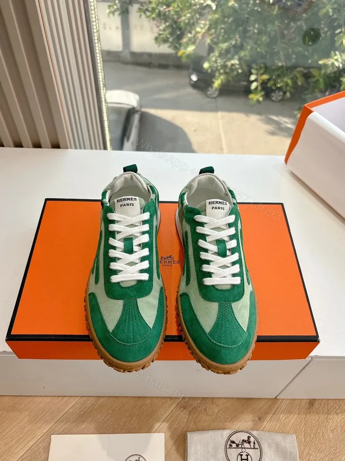 View 1 of Hermes Women Green Suede Canvas Sneakers