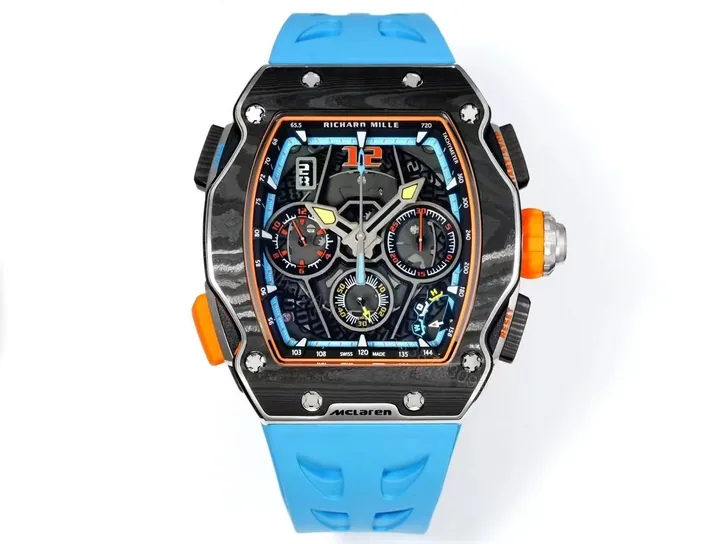 View 1 of Richard Mille RM65-01 McLaren W1 Automatic Chronograph Watch Blue Strap Carbon TPT Titanium Skeleton Dial RMAC4 Movement Premium Edition RM65-01-MCL-W1-BLU