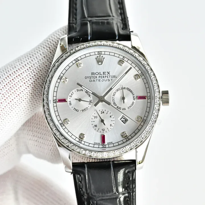 View 1 of Rolex Datejust R76 Silver 41MM Premium Leather Strap Multi-Function Automatic ROLEX-DATEJUST-R76-41-SILVER-LEATHER