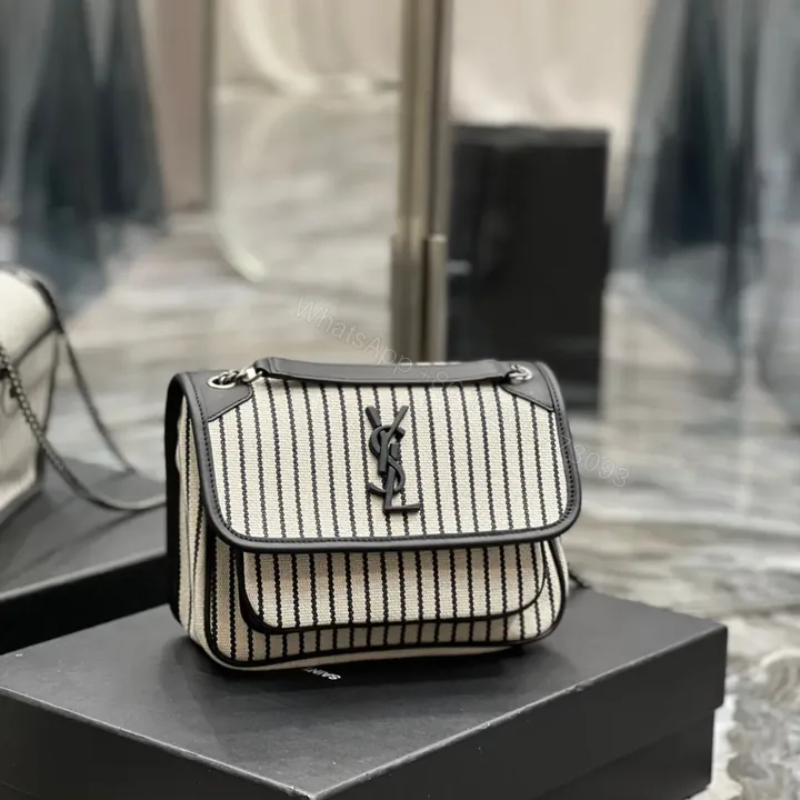 View 1 of Saint Laurent Cotton Canvas Striped Vintage Calfskin Monogram Medium Niki Chain Satchel