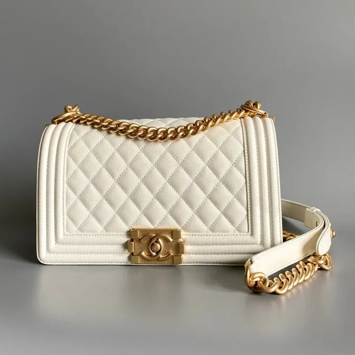 View 1 of CHANEL MEDIUM 25 BOY BAG IN WHITE LAMBSKIN GOLD HARDWARE