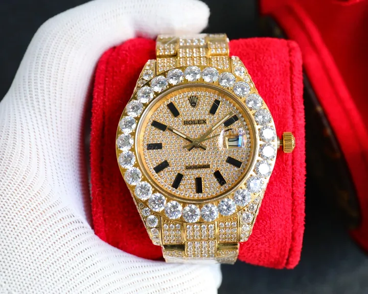 View 1 of Rolex Datejust Gold Diamond Replica 42MM Premium Full Iced Bracelet Champagne Dial Edition ROLEX-DJ-GOLD-DIA-ICED-CHAMP-42