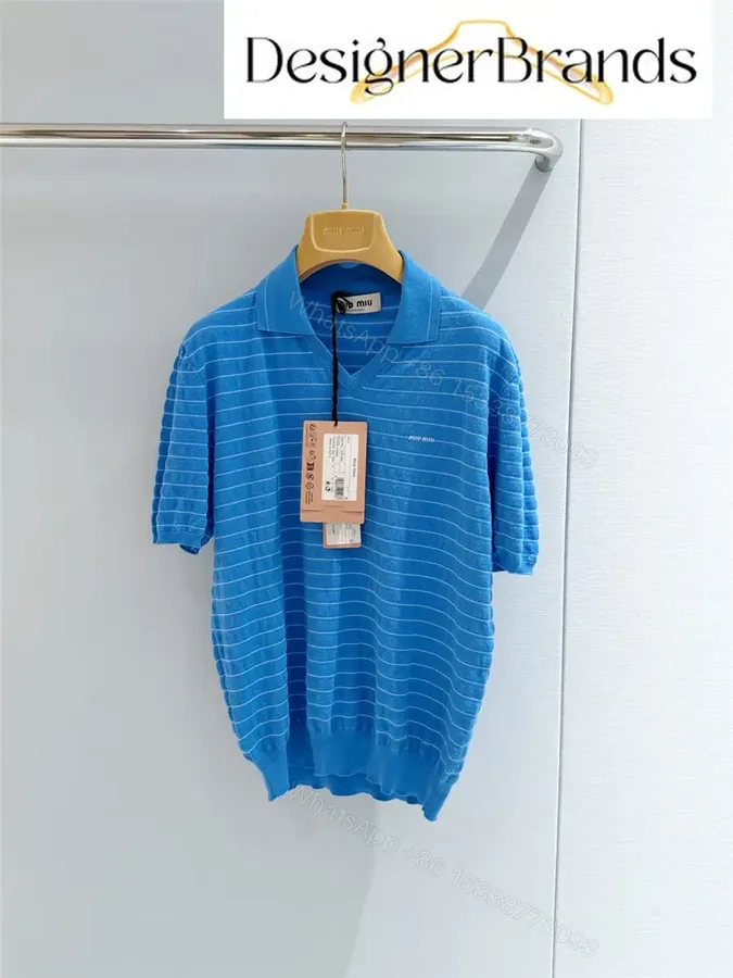 View 1 of Miu Miu Blue and White Striped Cotton V-Neck Knit Sweater
