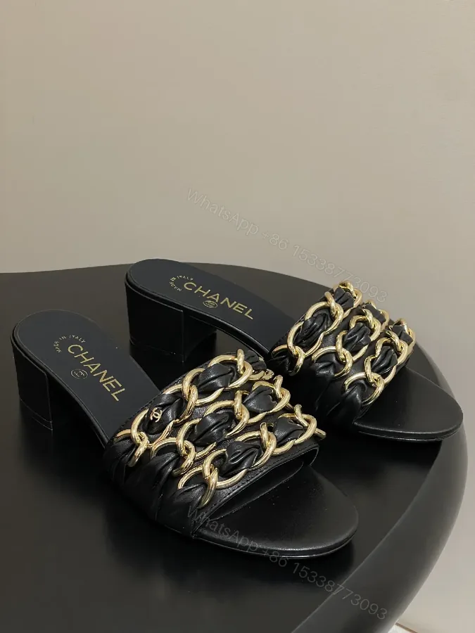View 1 of Black Leather Chain-Detail Mules, Open-Toe, Low Block Heel
